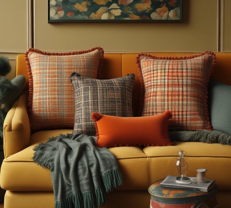 Close-up of a handmade lampshade with deep mulberry fabric and subtle stitching details, resting on a wooden side table.