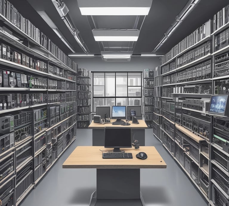 A cozy electronics store shelf filled with new and used gadgets and devices.