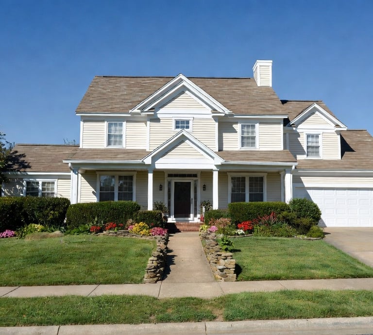 Beautifully maintained suburban home exterior with pristine landscaping in Fredericksburg Virginia