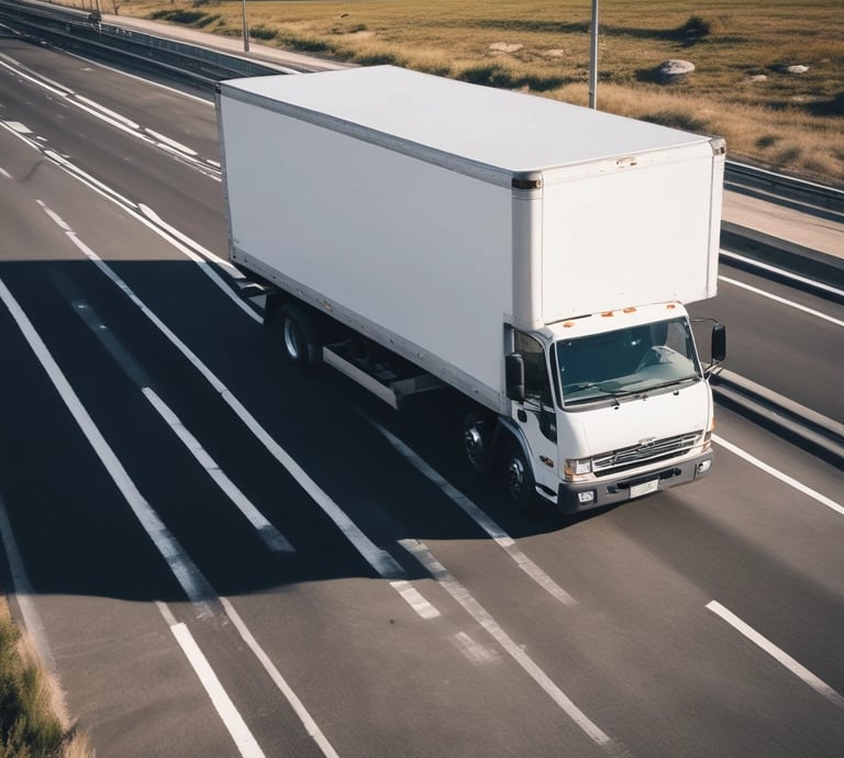 Several moving trucks from Divine Moving & Storage Ltd are parked along a street lined with trees. The trucks are large and blue, with company logos and contact information visible. A painting detail is incorporated into the truck design. The street has a sidewalk with some water reflecting the surroundings.