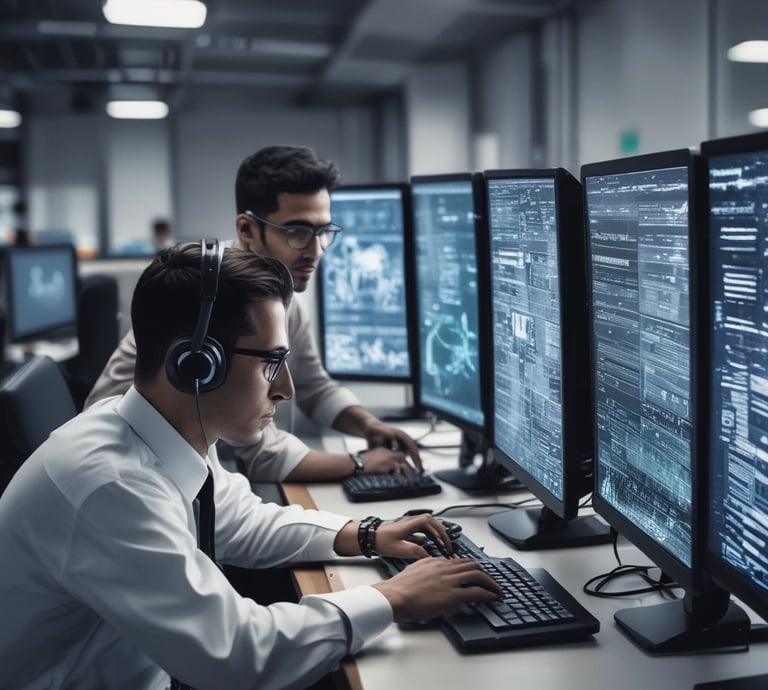 A sleek, modern workspace featuring cybersecurity tools and digital products.