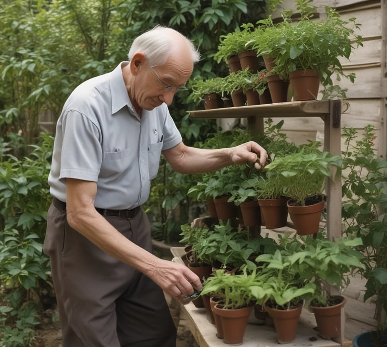 A woman wearing a white, long-sleeved top is tending to a vertical garden filled with green leafy vegetables. She is carefully adjusting a modern, white device that seems to be part of the garden setup. The background is a plain, textured gray wall which emphasizes the greenery.