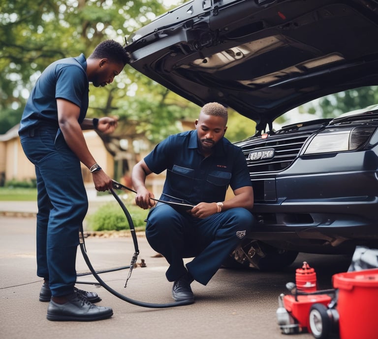 A professional mechanic servicing a car in a driveway.