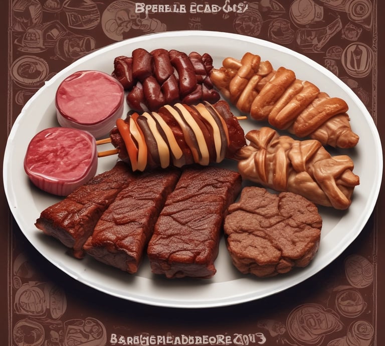 A variety of dishes are arranged on a wooden table, featuring grilled meat skewers, a large piece of roasted ribs garnished with onions and peppers, bowls of soup, and plates of white rice. The presentation is rustic with a focus on hearty, flavorful food selections.