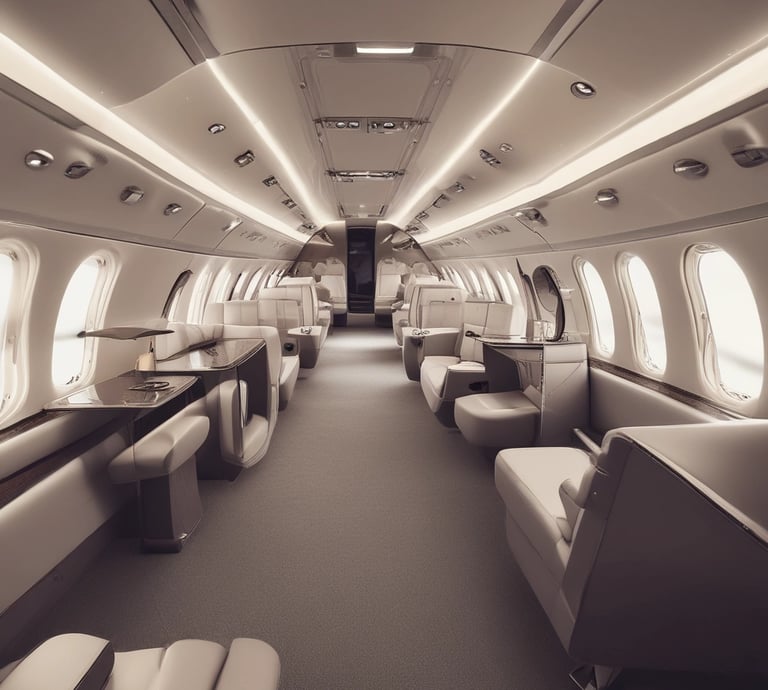 A sleek private jet is parked on an airport tarmac near two luxury black sports cars. The jet's staircase is extended, suggesting boarding or deboarding. The setting is clear and sunny, with a blue sky in the background and hangars nearby.