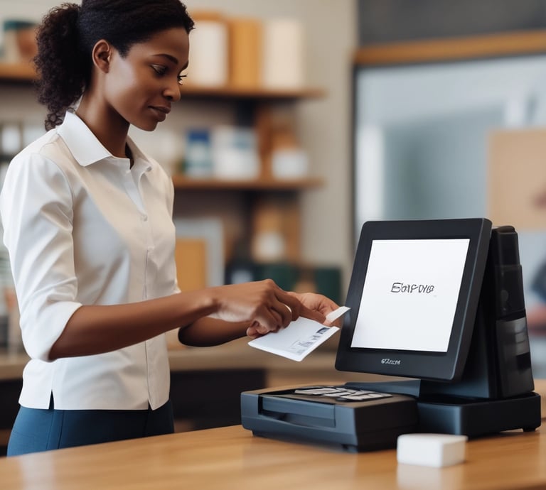A person is making a payment using a credit card on a small, square card reader connected to a modern point-of-sale system at a minimalist counter. Another person is standing nearby, possibly a cashier, wearing a grey t-shirt. Sunglasses rest on the counter, and the background features a simple, white decor.