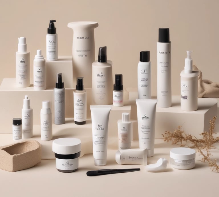 A collection of cosmetic and skincare products laid out on a white surface. These include facial masks, creams, and serums from various brands. The items are casually arranged, with some still in their packaging. The scene includes both rectangular and cylindrical packages with colorful labels.