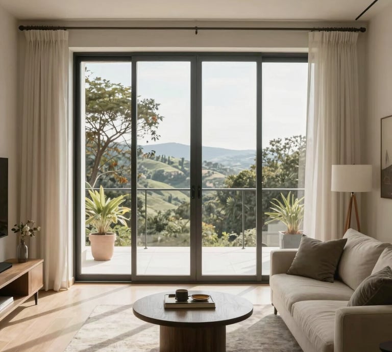 A construction site with scaffolding set up around a building partially made of bricks and concrete. Two workers are present; one is on the scaffolding, and the other is walking on the ground wearing protective gear. The area is surrounded by palm trees, and there is a small pavilion with a green roof in the background. Various construction materials and debris are scattered on the grass.