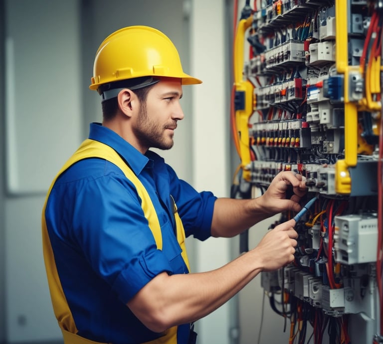 An electrician carefully installing wiring in a modern home, showcasing precision and professionalism.