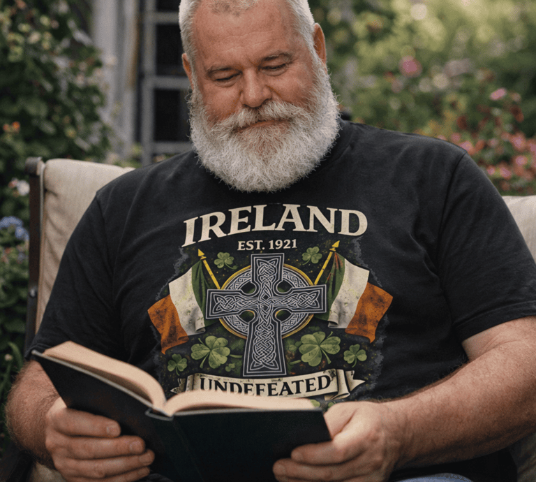 Bearded senior man reading a book outdoors wearing a black Ireland Celtic cross graphic t-shirt.