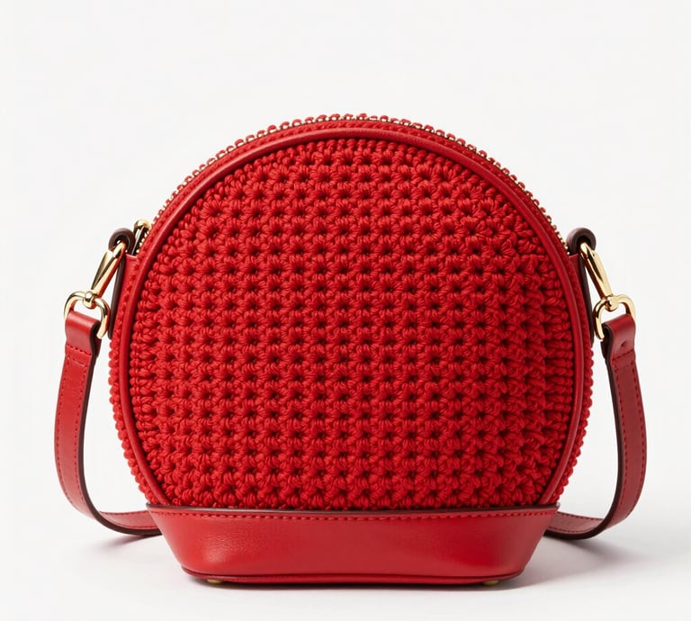 Elegant pastel khaki crochet handbag displayed on a wooden table with soft natural light