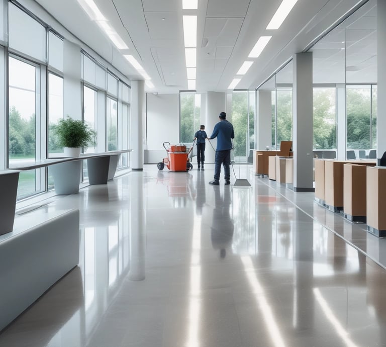 Een schoonmaakteam in actie in een helder verlichte kantoorruimte.