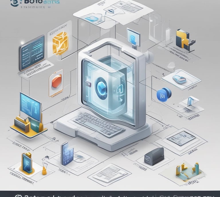 A dimly lit room features a prominent illuminated sign displaying the words 'Sysco LABS.' Below the sign are office desks with various electronic devices, including laptops and cables. The lighting creates a cool and professional atmosphere.