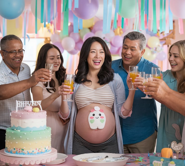 a pregnant woman is holding a glass of champagne while a man and woman are standing