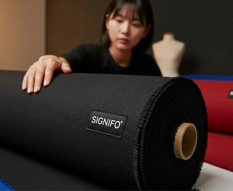 Seorang desainer di studio workshop sedang memeriksa kualitas kain kanvas polyester SIGNIFO.