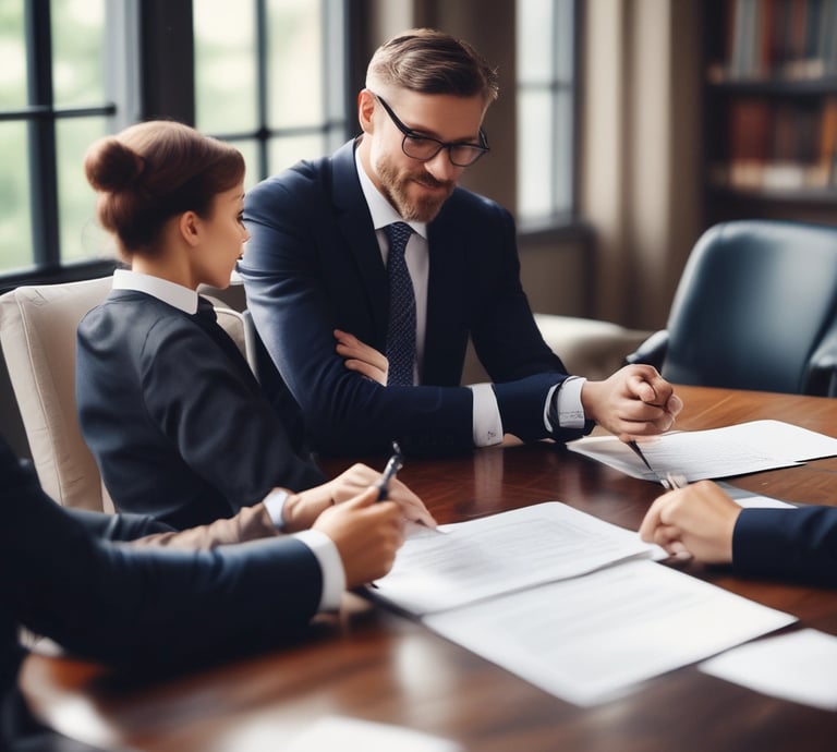 A speaker stands at a podium on a stage, with two flags on either side. A large screen behind displays 'DEFENSOR TEC'. Two empty chairs and a small round table are also on the stage. Audience members are visible in the foreground.