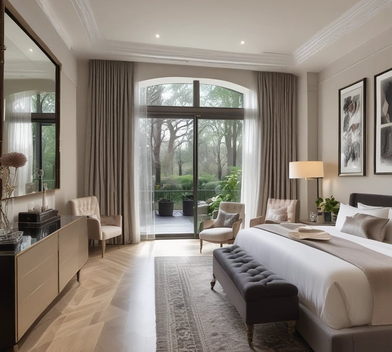 A cityscape with a real estate sign in the foreground, prominently displaying the name and phone number. Surrounding the sign are various buildings with different architectural styles, some with scaffolding and green netting. The scene features a mix of older, worn structures alongside modern glass-fronted buildings. Power lines and construction materials add to the urban complexity.