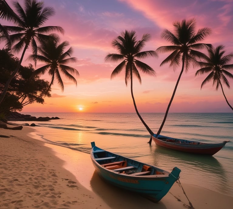 A vibrant sunset over Phu Quoc's pristine beach with palm trees swaying gently.