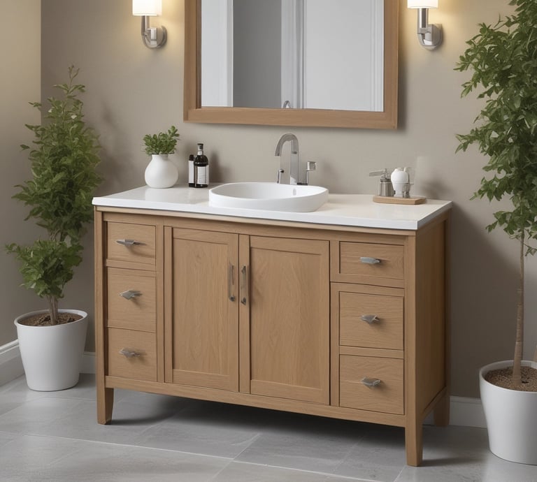A bright, modern kitchen showcasing sleek wooden cabinets with soft-close drawers and brushed metal handles.