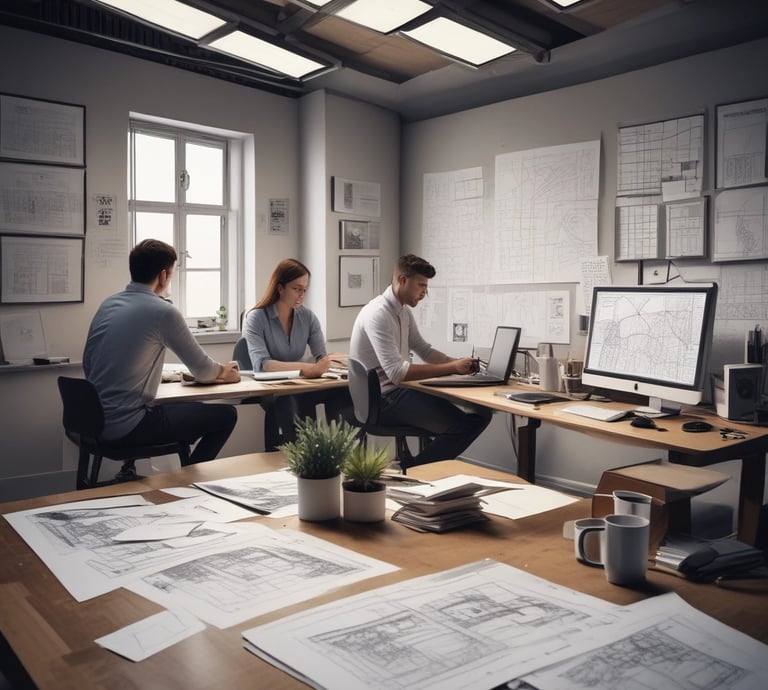 A diverse team of professionals collaborating in an engineering office.