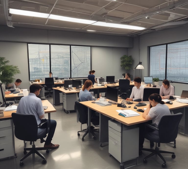 A conference room setting with several laptops on a large table, each being used by a person. A large screen displays a blue interface with the text 'Generate ad creatives from any website with AI'. A stainless steel water bottle and a conference phone are also visible on the table.