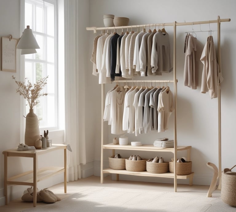 A cluttered room filled with clothes on hangers, ranging from plaid shirts to various jackets and coats. The setting appears to be a dimly lit second-hand or thrift store with narrow aisles between racks of clothing.