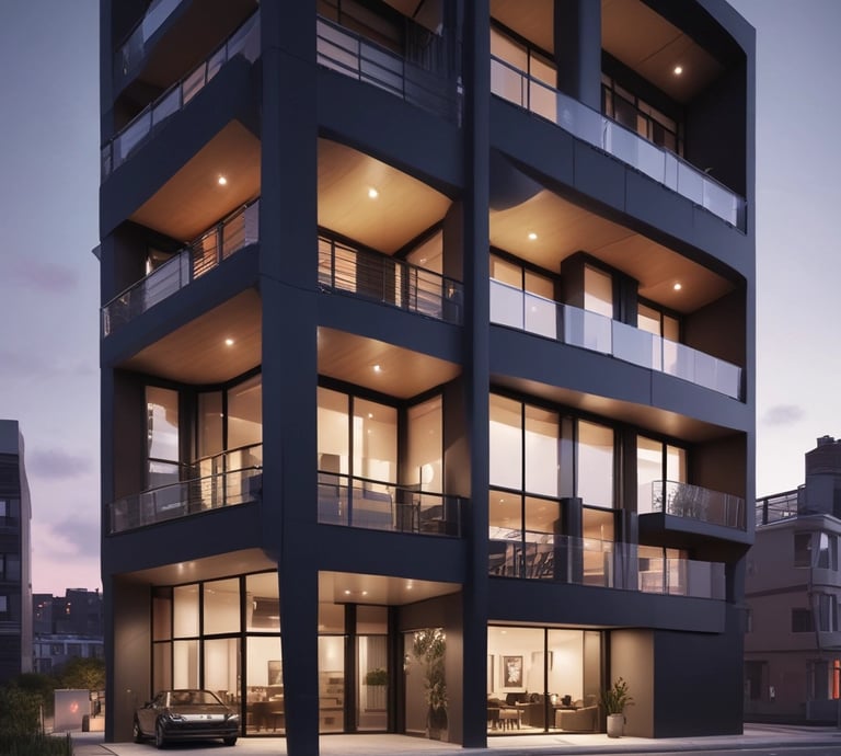 A tall building features a large advertisement promoting rental opportunities. The lower part of the scene includes playground equipment and a parked white van. The sky above is partly cloudy, creating a contrast with the building.