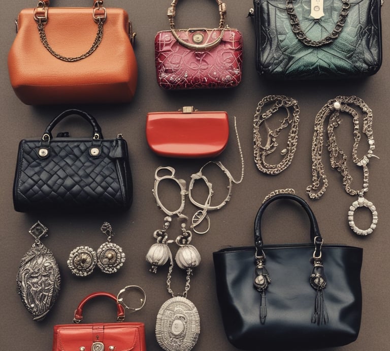 A display of wristwatches and jewelry is neatly arranged on a black velvet tray. Nearby, there are two leather bags, one black and one brown. A small sign reads 'decorative,' indicating the items are for sale, priced at $5 each. In the background, there is a stand with QR codes and the word 'thrift,' likely for digital payment options such as Venmo. Additional promotional material and business cards are visible.