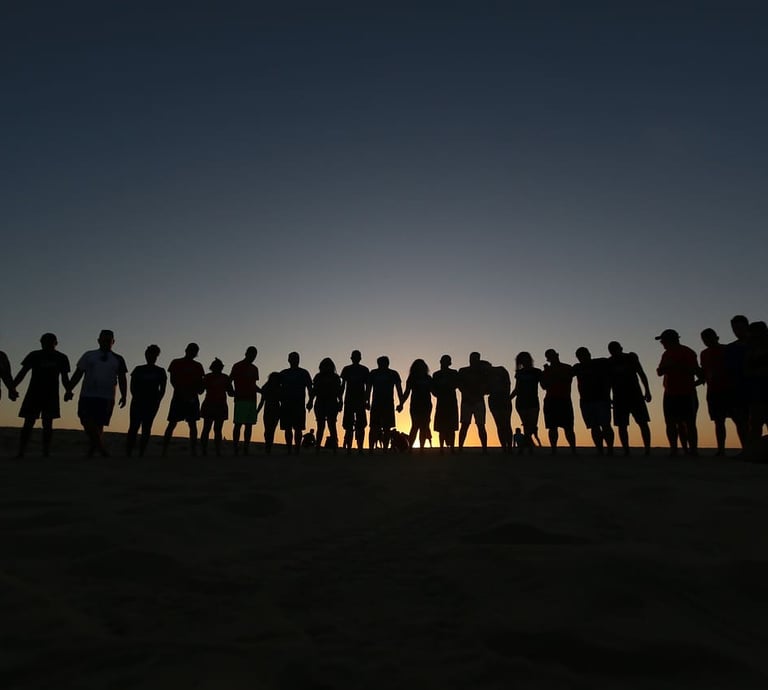 a group of people holding hands in front of a sunset
