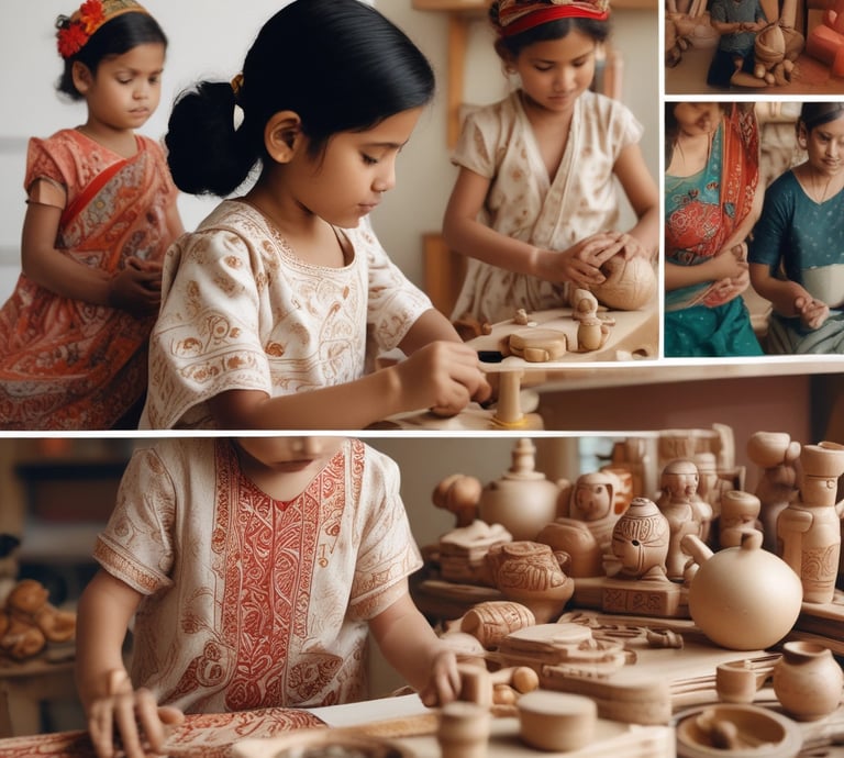 A collection of colorful wooden toys displayed on a rustic table.
