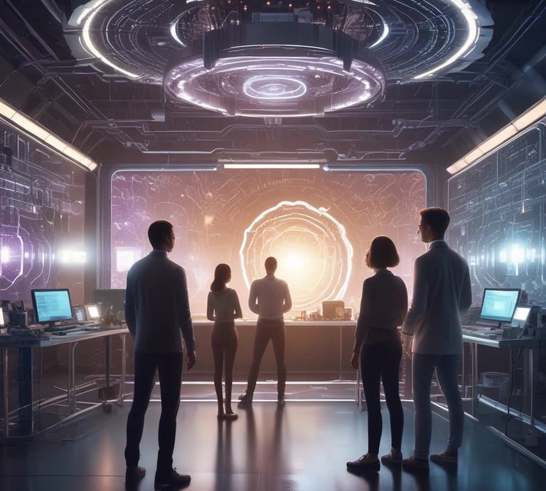 A diverse team of engineers collaborating over laptops in a bright, modern office space.