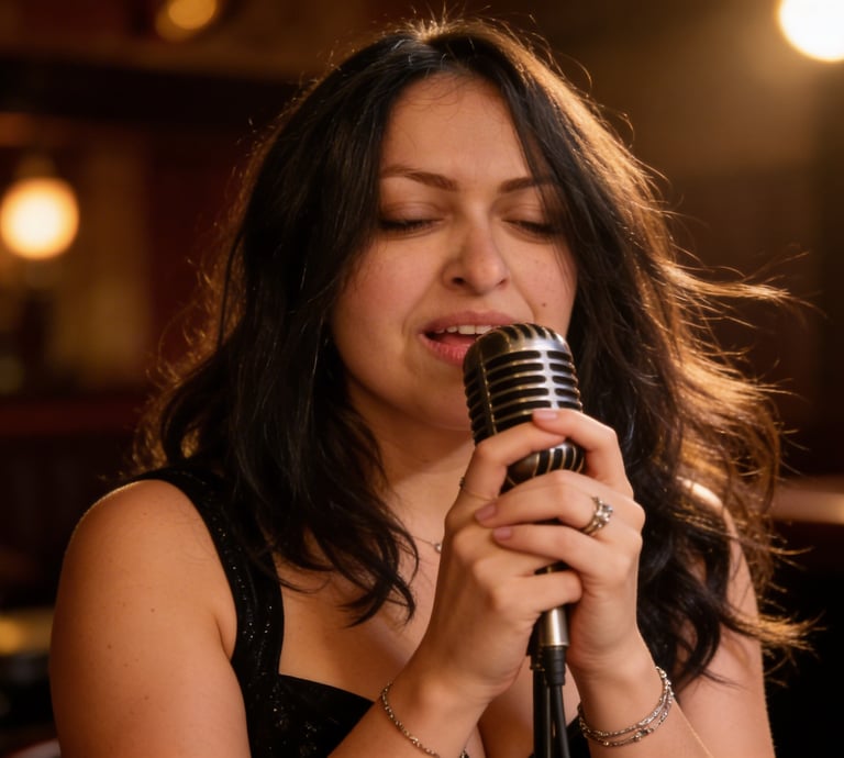 Female jazz singer performing with a vintage silver microphone at a dimly lit live music venue.