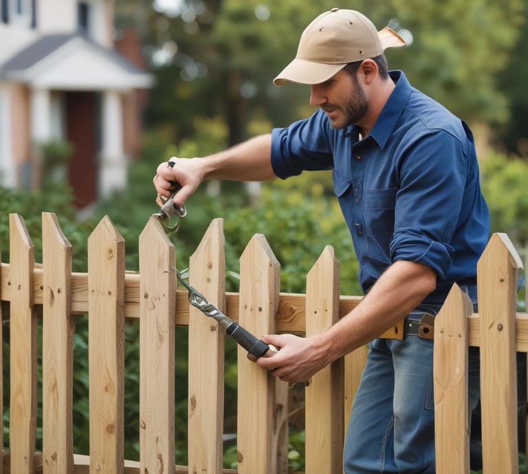 A person is standing in front of a building with the number 49, cleaning or fixing something near a window. The building has a staircase visible through an open door, and a large tree is nearby. The environment looks urban and residential.