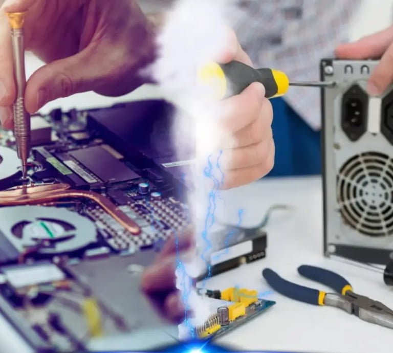Es una banner o imagen de un tecnico tocando una placa de PC o notebook y un enlace a mi servicio te