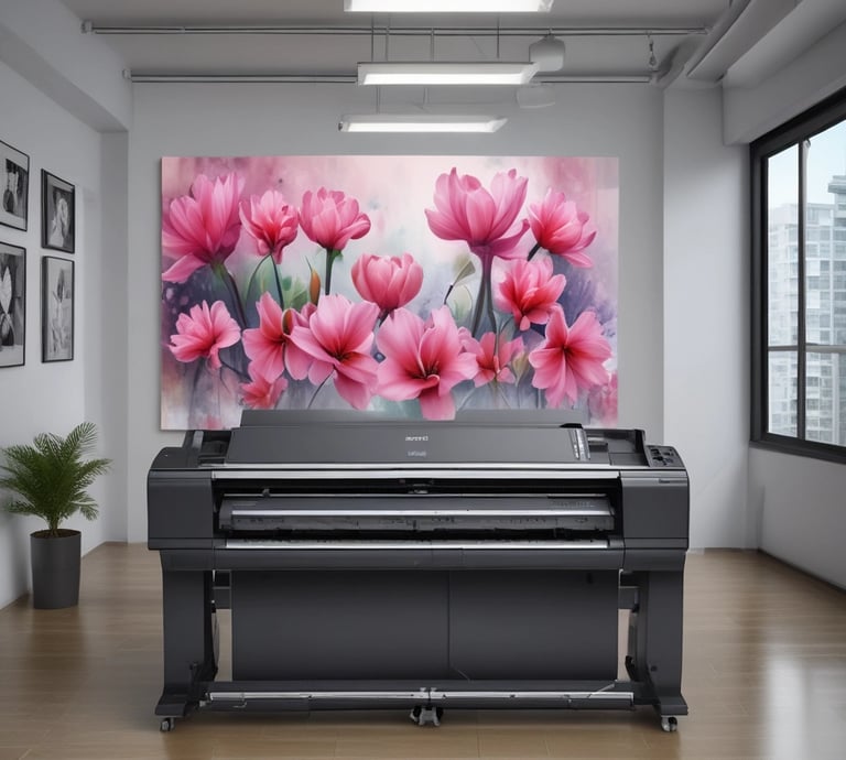 Printing machines and colorful printed materials in a workshop.