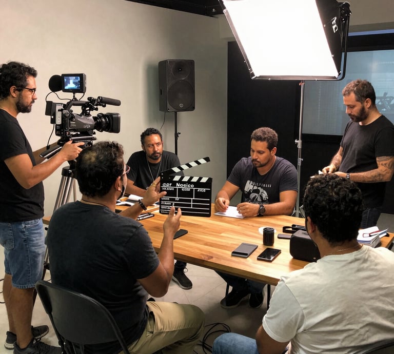A group of people is engaged in a video production setting. Two individuals in the foreground are seated; one of them is wearing a headset and holding a device with various buttons, the other appears to be observing. In the background, three other people are standing, with one person looking at a video camera setup on a tripod. The room has futuristic, minimalist decor with white walls and a large, circular light fixture on the ceiling.