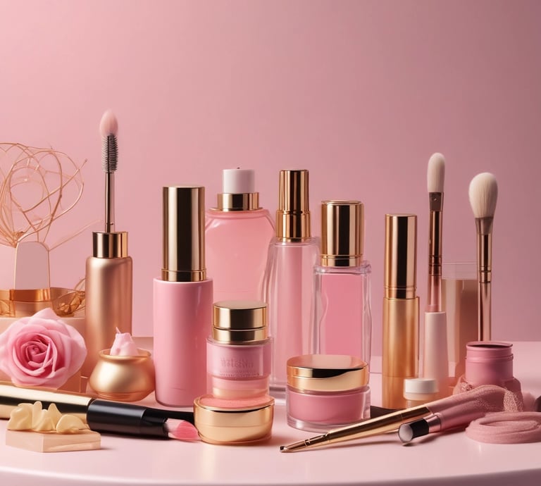 A vibrant display of cosmetic products in elegant packaging.