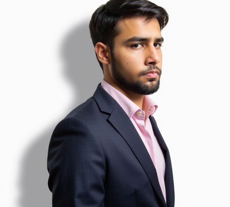 Image of Danish wearing a navy pinstriped suit with a pale pink dress shirt