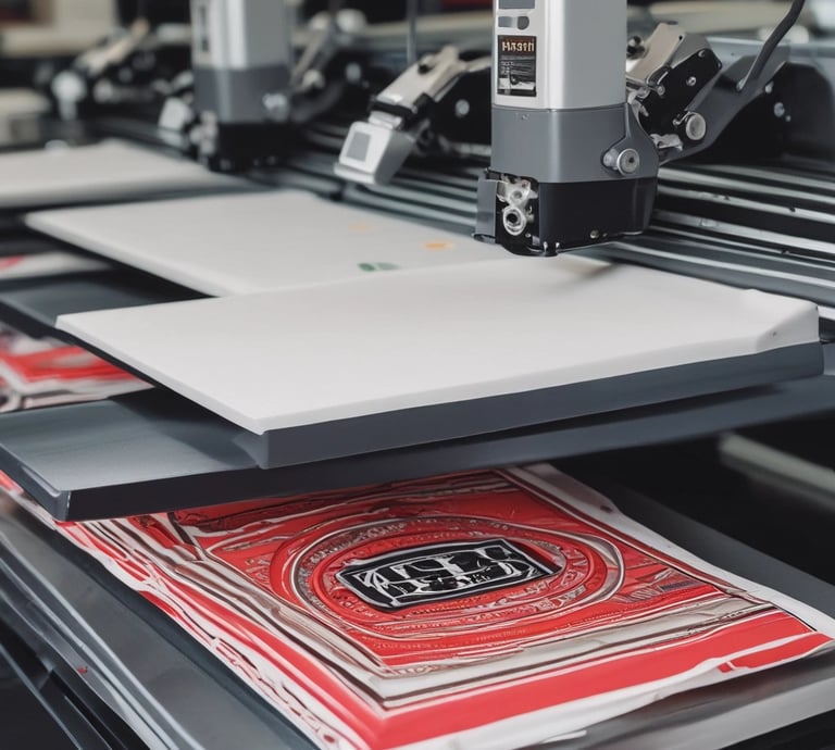A row of identical black caps is neatly lined up on a white table in front of a large embroidery machine, with threads and machinery parts visible. The caps feature a white embroidered design or logo on the front.