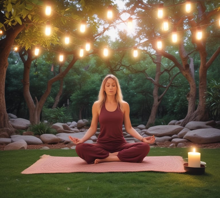 A cozy hotel room with a large window overlooking lush greenery.