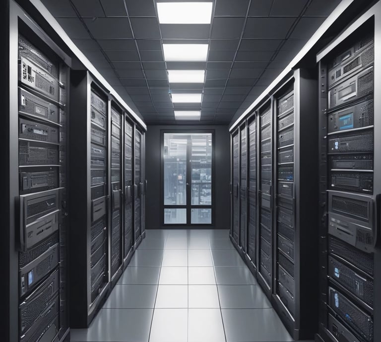 A white mask with distinct black features is placed on an open server tray in a data center or server room. The server is equipped with various LED indicators and network ports, suggesting an active setup.