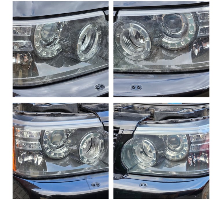 Close-up views of Range Rover headlights showcasing LED accents and dual projector lenses, captured 