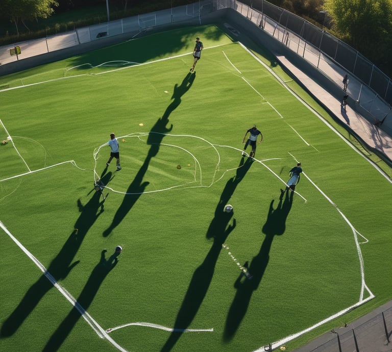 A close-up view of vibrant, green blades of synthetic grass with a realistic texture and sheen.