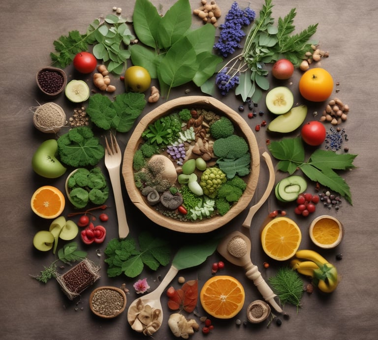 The image features the word 'NATURAL' spelled out with Scrabble tiles placed on top of a background filled with colorful illustrations and text about herbal remedies. The background contains drawings of plants like lavender and other herbs, alongside descriptions of their benefits, such as calming, uplifting, and treating various ailments.