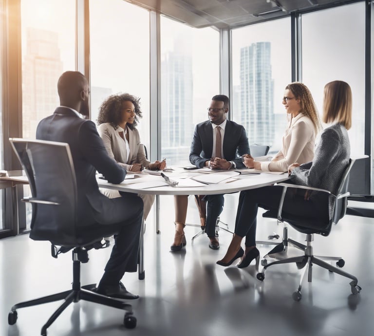 A professional consultation setting with a medical professional sitting at a desk facing a client. The room has a modern aesthetic with white walls decorated with framed certificates. The desk is organized with office supplies, a laptop, and a fruit bowl in the center.