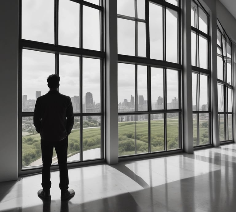 A professional cleaner carefully cleaning a large office window with a squeegee.