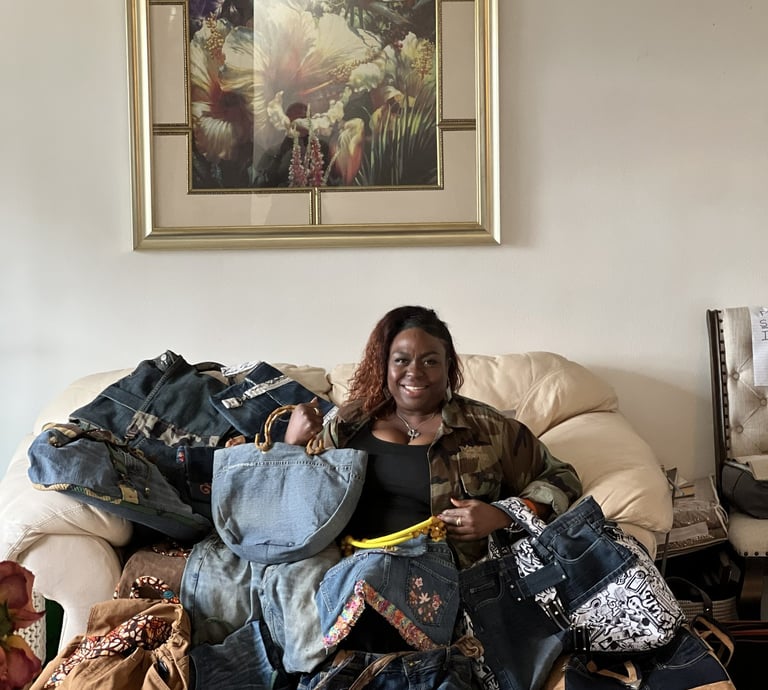Denim Conversion Founder with handmade denim bags