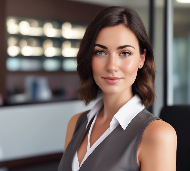 A person posing against a plain background, dressed in a formal black blazer. The individual has neatly styled dark hair with an elegant updo and wears red lipstick, adding a touch of sophistication. The expression is poised and confident.
