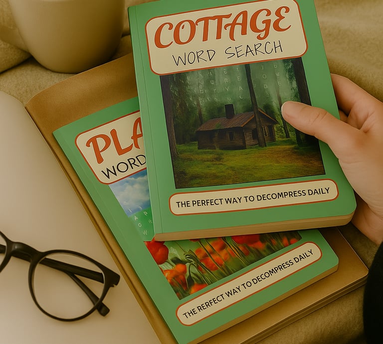 Cozy scene with Debas Direct word search puzzle books, coffee cup, and reading glasses