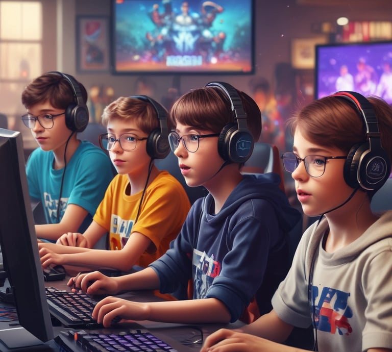 A group of young children wearing uniforms stand outdoors near a brick building and chain-link fence. Some children are playing, while adults and older children are wearing casual clothing. A tree and various toys are visible in the background.
